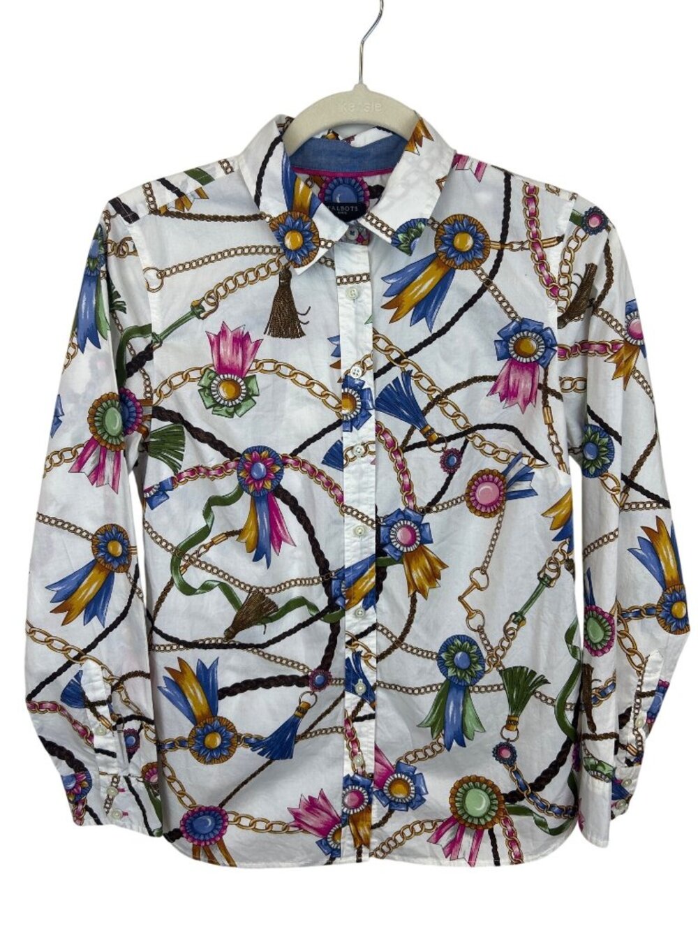 Talbots Petite Sz S Equestrian Theme Button-Up Shirt Blouse Chain Tassel Print